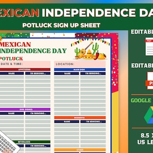 Mexican Independence Day Potluck SignUp Sheet, Google Slides, El Grito de Independencia, Food Sign Up Sheet, Día de la Independencia
