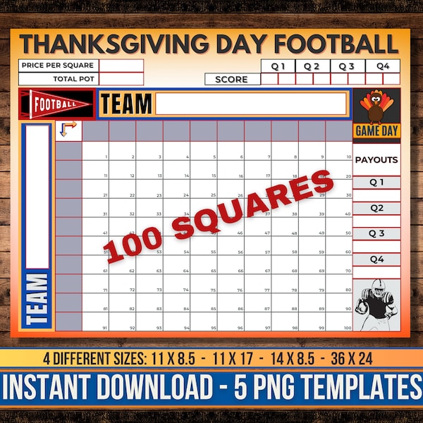 Thanksgiving Day Football Squares, Printable Templates in 4 Sizes, Football Boxes, Thanksgiving Day Squares Game, 100 squares, Football Pool