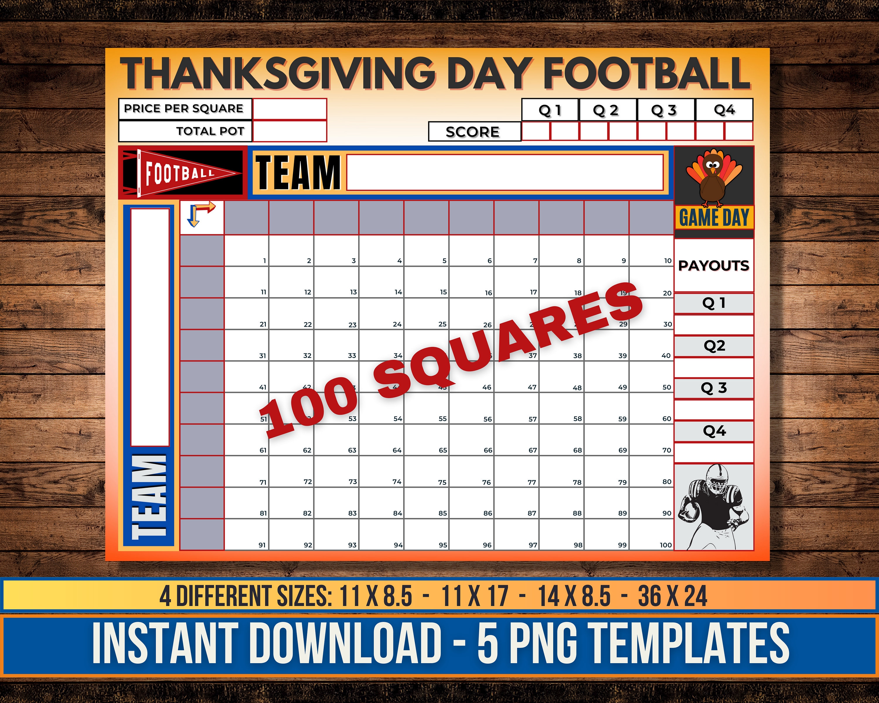 thanksgiving day football squares, printable templates in 4 sizes