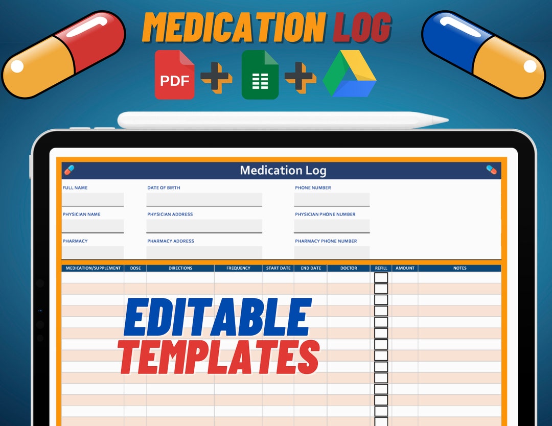 Printable Medication Log, Google Sheets, Printable Medication Tracker