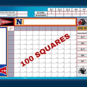 Football Squares, 100 Squares, The Big Game, Super Squares 2025, Football Boxes, Printable Squares, Football Pool Template, SB Squares