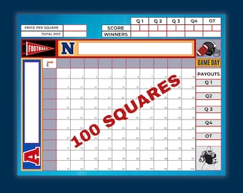 Football Squares, 100 Squares, The Big Game, Super Squares 2026, Football Boxes, Printable Squares, Football Pool Template, SB Squares