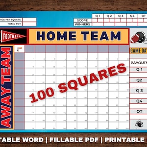Football Squares, 100 Squares, The Big Game, Super Squares 2025, Football Boxes, Printable Squares, Football Pool Template, SB Squares