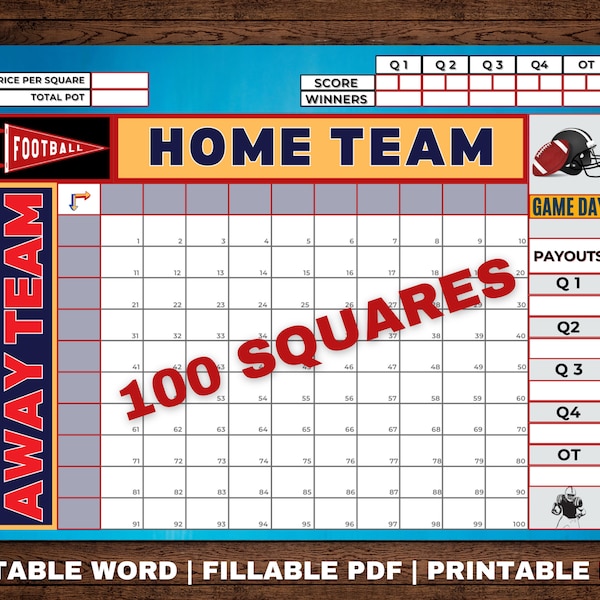 Football Squares, 100 Squares, The Big Game, Super Squares 2025, Football Boxes, Printable Squares, Football Pool Template, SB Squares