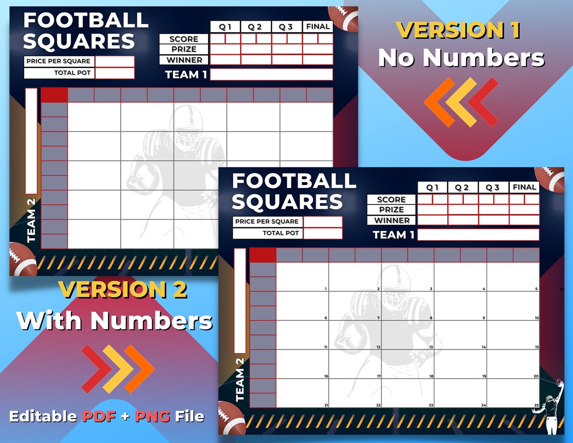 Football Squares 25 Square Grid Editable PDF Template Etsy