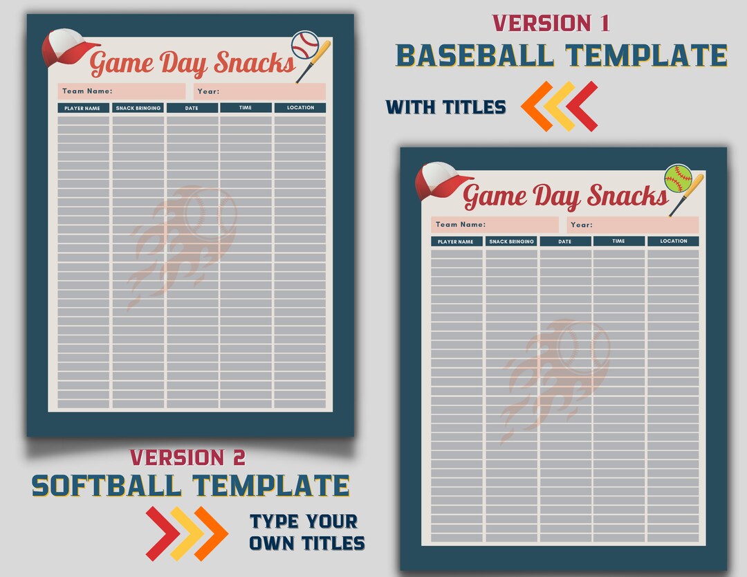 Editable Game Day Snacks Baseball & Softball Snack Template Etsy