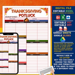 Hoja de inscripción para la comida compartida de Acción de Gracias, compartible y editable en tiempo real, hojas de cálculo de Google, diapositivas, PowerPoint, PDF, Excel, todo en tamaño carta de EE. UU.