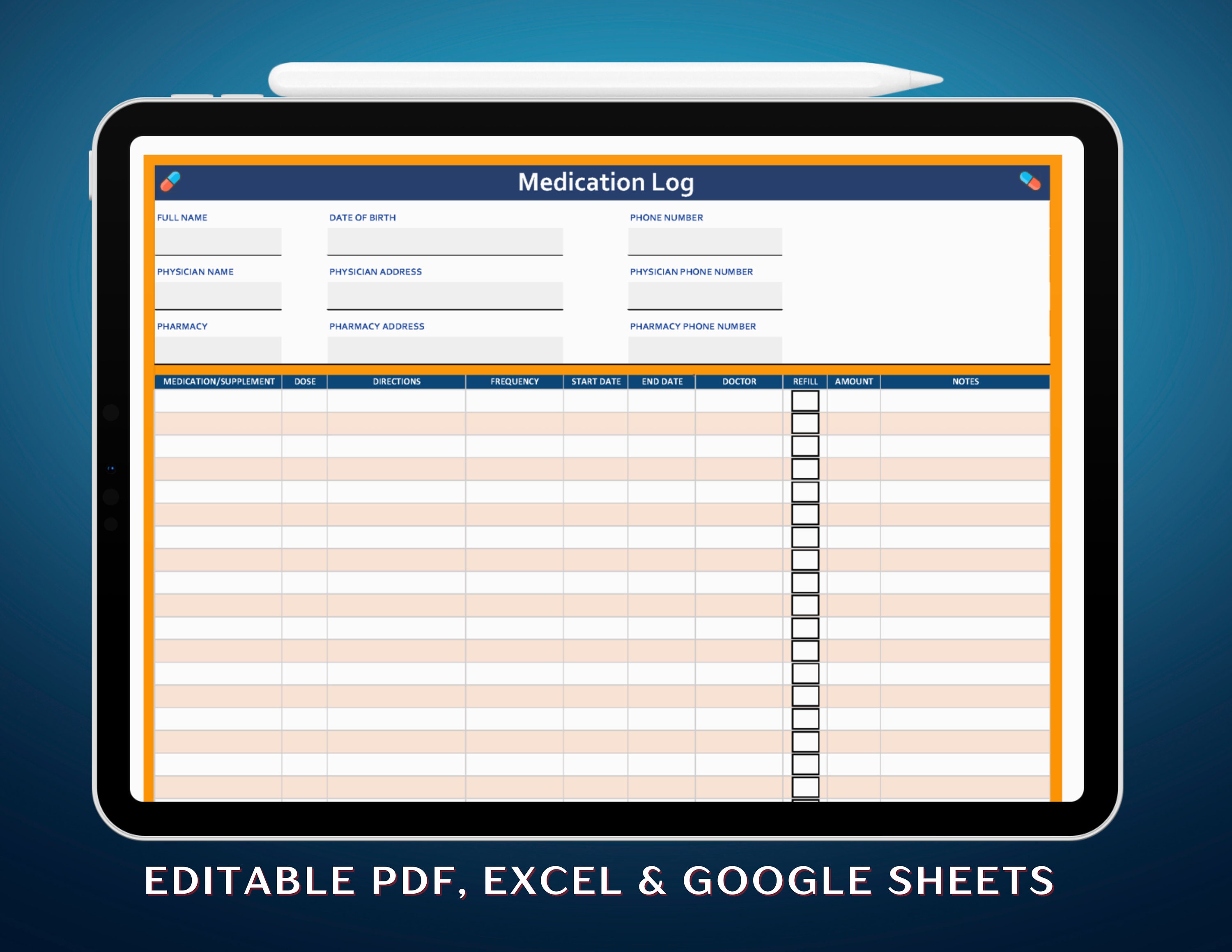 Printable Medication Log, Google Sheets, Printable Medication Tracker