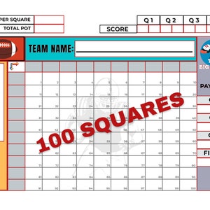 Football Squares, 100 Squares Football Pool, Football Pool Template, Football Boxes, Gameday, Football Squares Printable, 2024 Football Game