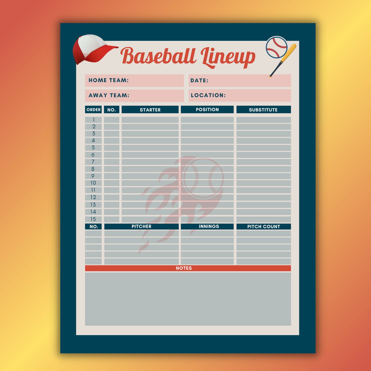 Printable Baseball Lineup Card, Player Lineup Card, Baseball Batting