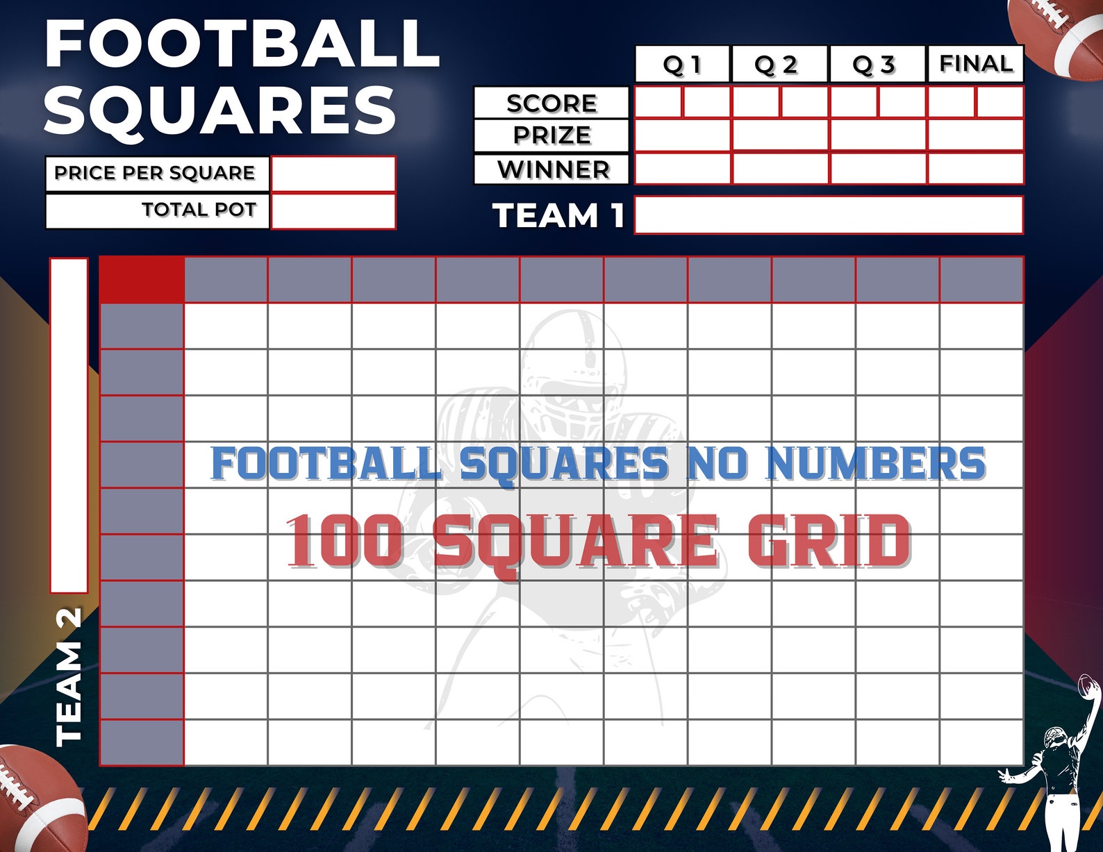 Football Squares, 100 Squares, Editable PDF Template, Printable PNG ...