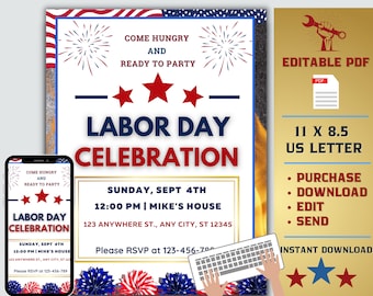 Labor Day Celebration, Editable Labor Day Invite, Instant Download, Labor Day Party Invite, Digital Invite, PDF Template, DIY Print at Home
