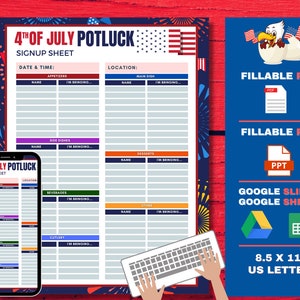 4th of July Potluck Sign Up Sheet, Google Sheets, Google Slides, Editable PDF, July 4th PNG, Office Potluck, Holiday Potluck, July 4th Party