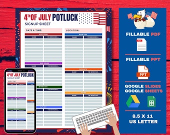 Hoja de registro de Potluck del 4 de julio, Hojas de cálculo de Google, Presentaciones de Google, PDF editable, PNG del 4 de julio, Office Potluck, Holiday Potluck, Fiesta del 4 de julio