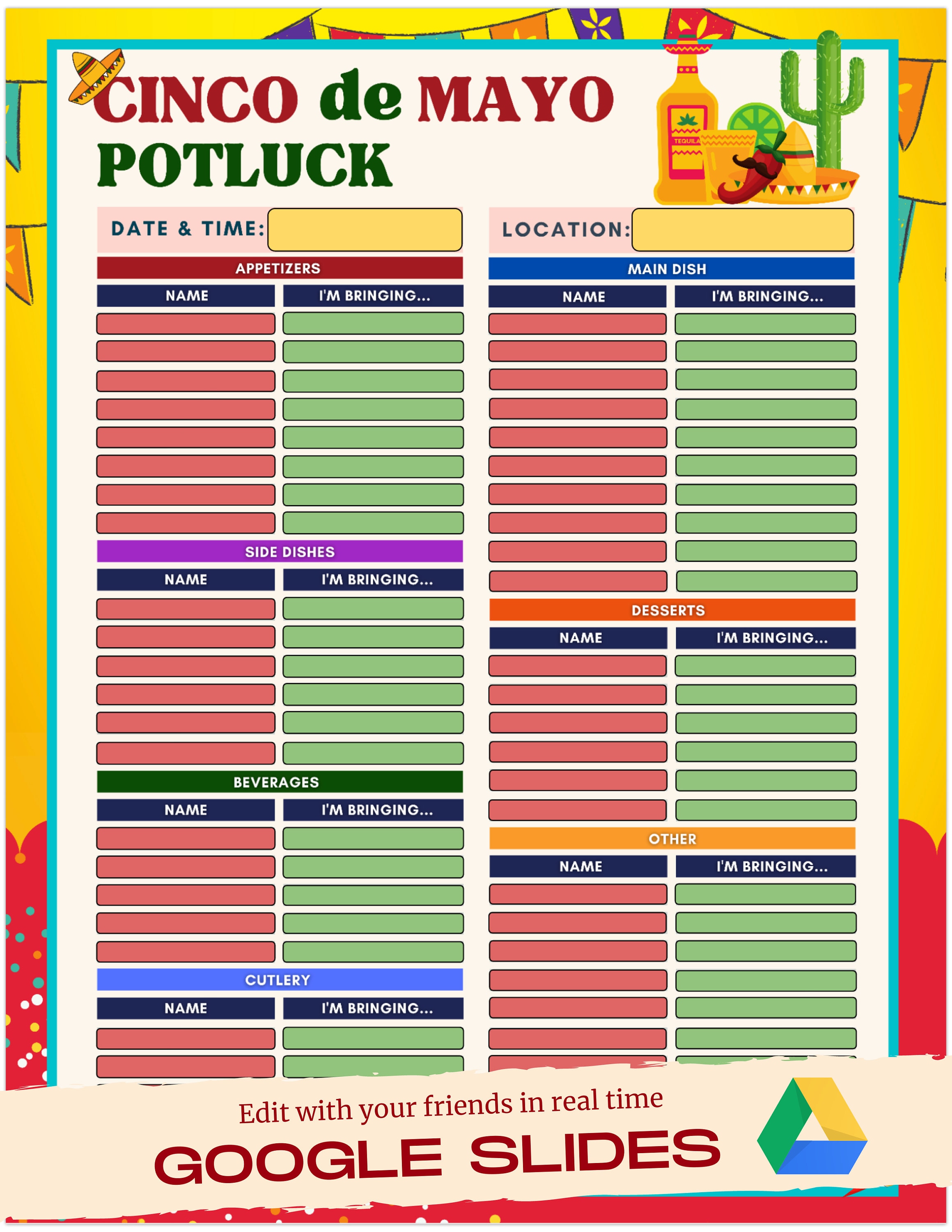 Cinco De Mayo Potluck Potluck Sign up Sheet, Realtime Editing With