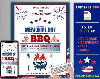 May include: A printable invitation for a Memorial Day BBQ. The invitation is blue, red, and white with a red, white, and blue firework design. The text on the invitation reads "Come hungry and ready to party. Memorial Day BBQ. May 28 at 12:00 PM | Mike's House. 123 Anywhere St., Any City, ST 12345. Please RSVP at 123-456."