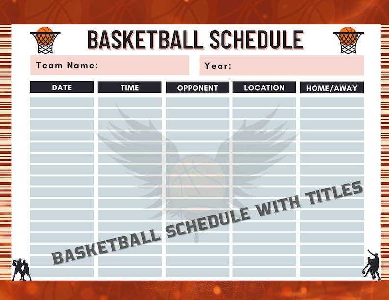 Editable Basketball Game Schedule Template, Printable Basketball Editable Basketball Game Schedule Template, Printable Basketball