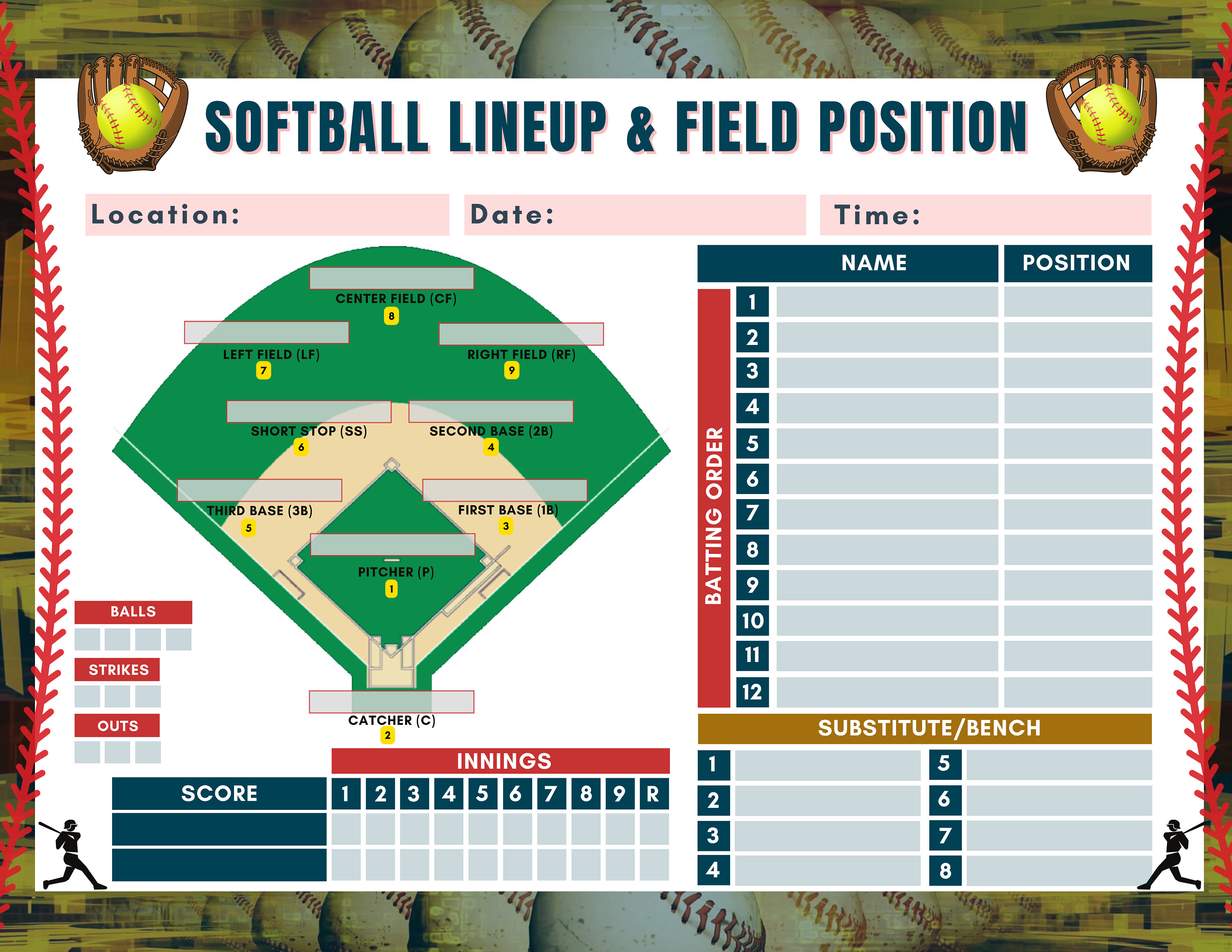 Softball Bundle Printable, Softball Schedule Template, Field Position