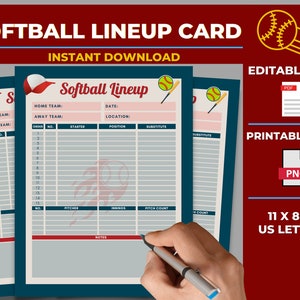 Cartão de escalação de softball, ordem de rebatidas de softball, escalação editável, cartão de escalação de jogadores, escalação de softball, ajudante de banco de reservas, escalação de equipe, mãe de softball