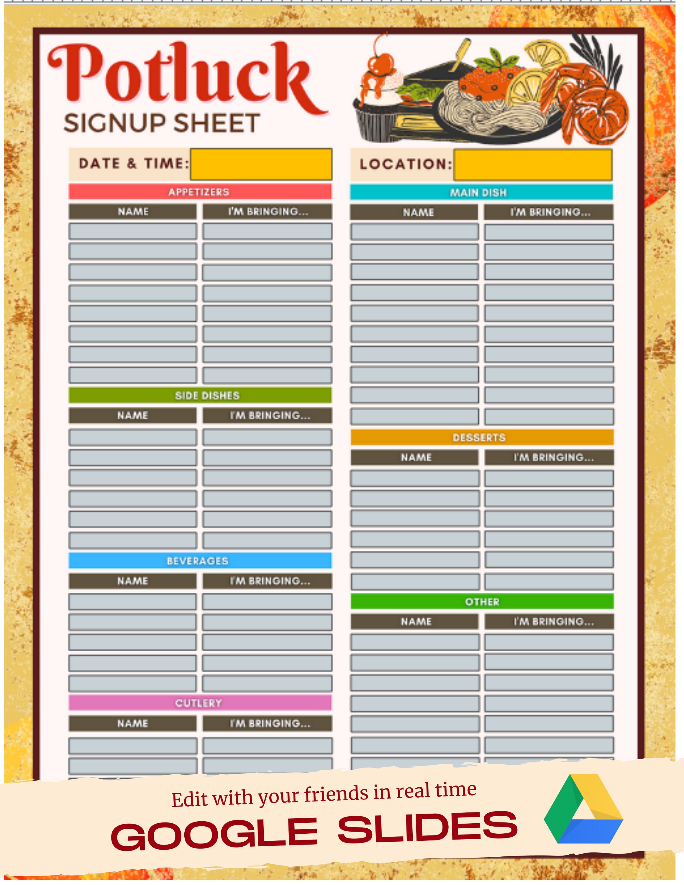 Editable Potluck Sign up Sheet, Potluck Google Sheets , Google Slides