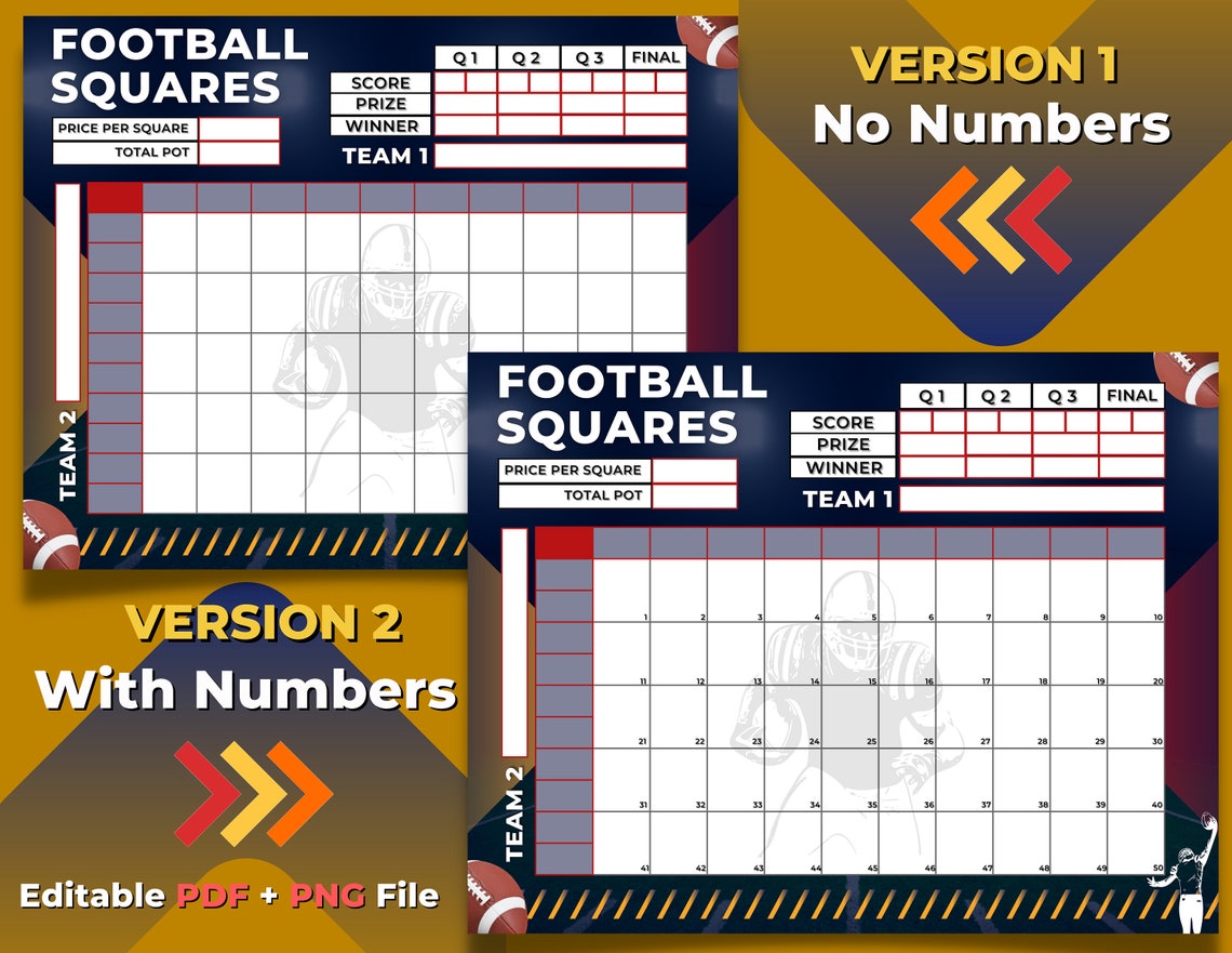 Football Squares, 50 Squares, Editable PDF Template, Printable PNG File Football Squares, 50 Squares, Editable PDF Template, Printable PNG File