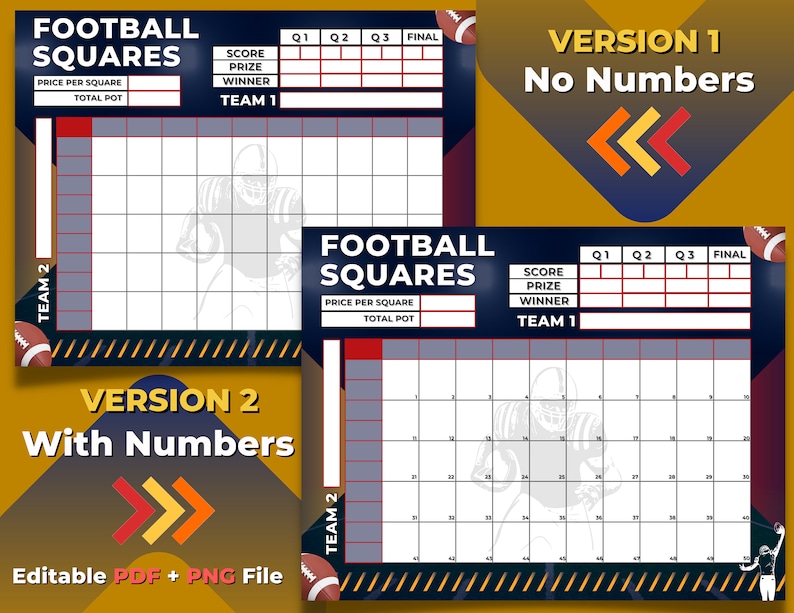 Football Squares, 50 Squares, Editable PDF Template, Printable PNG File Football Squares, 50 Squares, Editable PDF Template, Printable PNG File