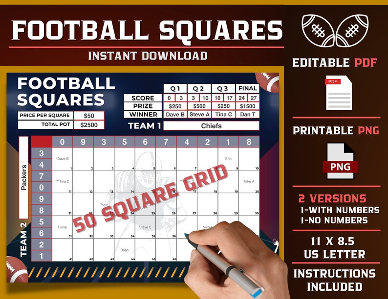 Football Squares 50 Squares Editable PDF Template Printable Etsy