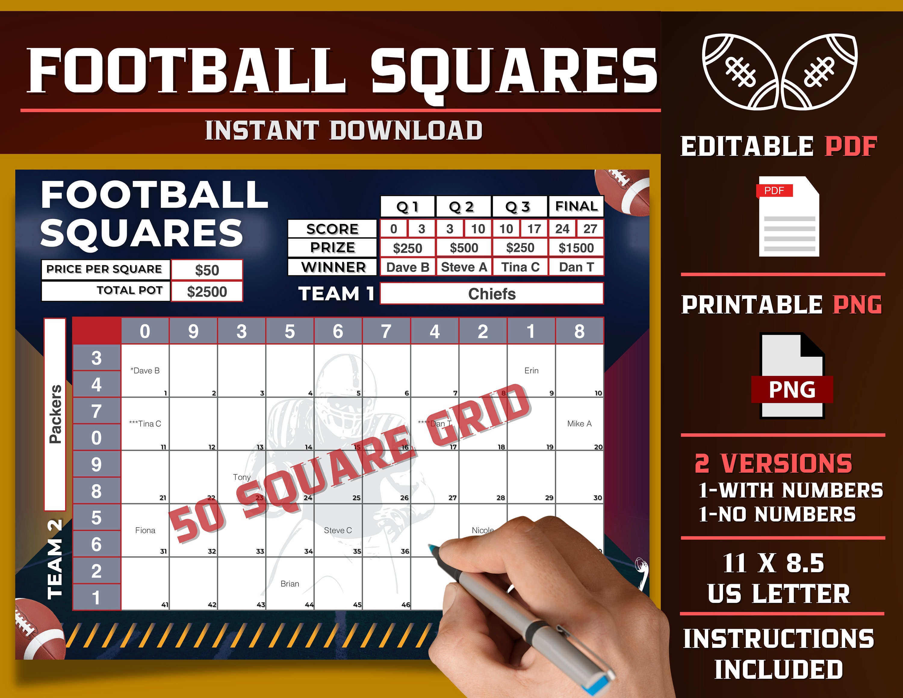 Football Squares 50 Squares Editable PDF Template Printable Etsy Football Squares 50 Squares Editable PDF Template Printable Etsy