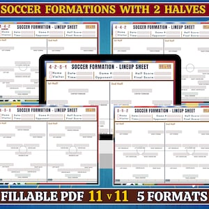 Puede incluir: Cinco hojas de formación de fútbol imprimibles para partidos de 11 contra 11. Cada hoja incluye un diagrama de una formación diferente, con espacios para rellenar los nombres de los jugadores, la información del partido y las puntuaciones de las dos mitades.