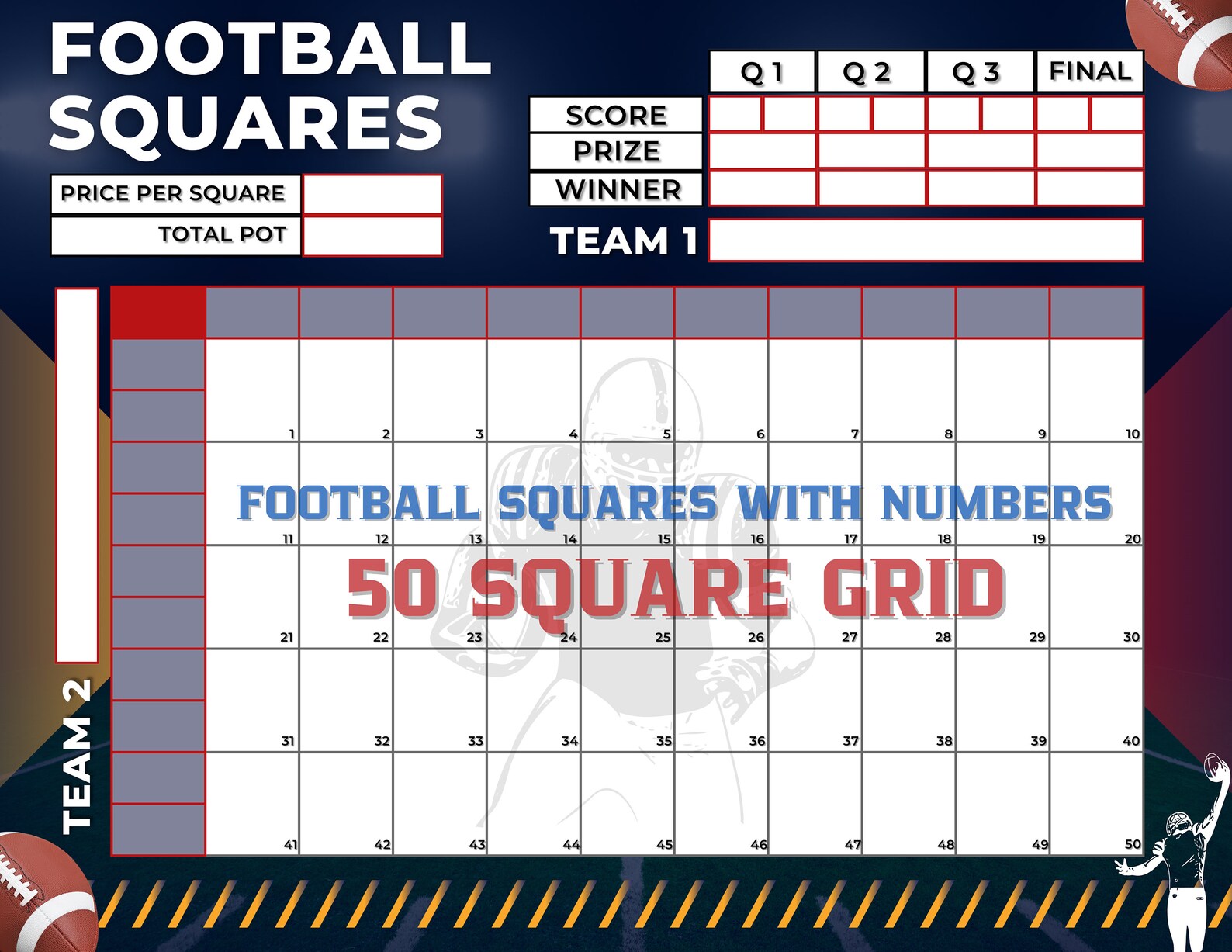 Football Squares, 50 Squares, Editable PDF Template, Printable PNG File ...