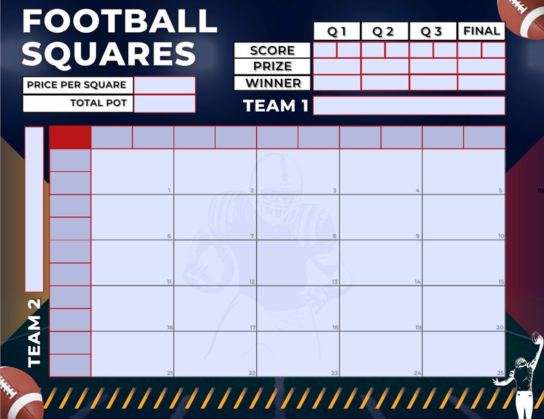 Football Squares 25 Square Grid Editable PDF Template Etsy