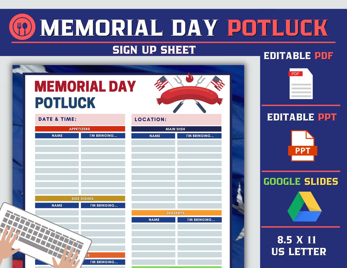 Memorial Day Potluck Sign up Sheet, Google Slides, Editbale PDF