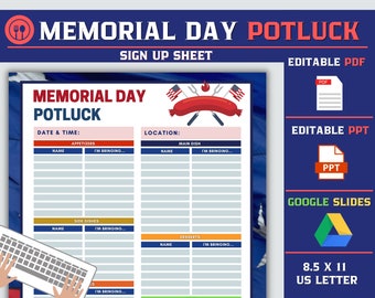 Hoja de inscripción para la comida compartida del Día de los Caídos, Presentaciones de Google, PDF editable, Plantilla editable, Comida compartida imprimible, Descarga digital, Comida compartida en la oficina