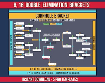 8, 16 cuadros de doble eliminación, cuadros de Cornhole imprimibles, cuadros de sorteo de cabezas de serie y ciegas, Cornhole PNG, cuadro de torneo imprimible