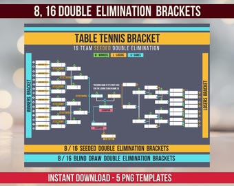 8, 16 Cuadros de Eliminatoria Doble, Cuadros de Tenis de Mesa Imprimibles, Cuadros de Sorteos por Sembrado y a Ciegas, Cuadros de Eliminatoria Doble de Ping Pong