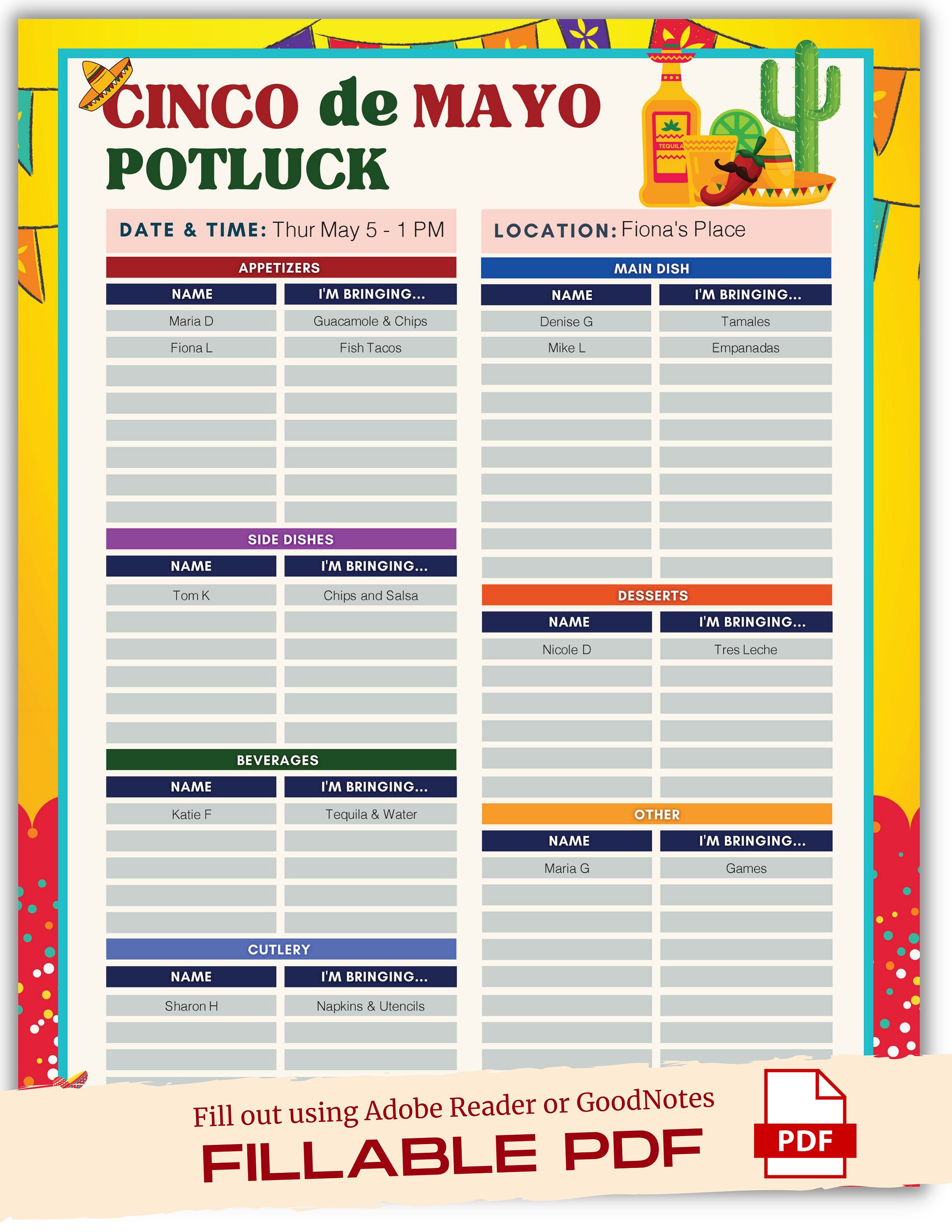 Cinco De Mayo Printable Potluck Sign up Sheet Fillable 52 OFF