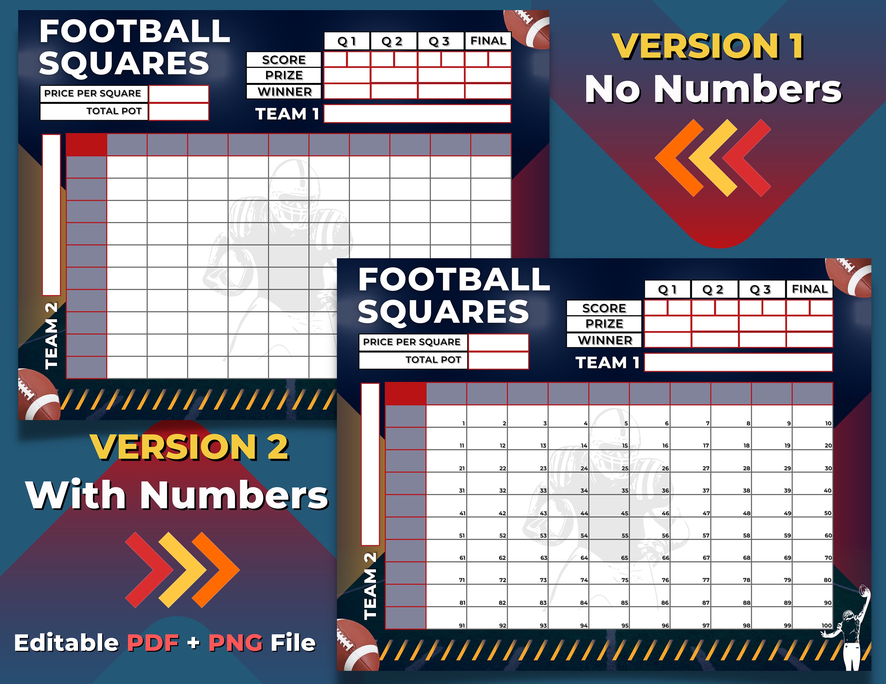 Football Squares 100 Squares Editable PDF Template Etsy
