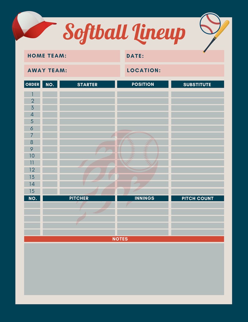 Baseball Lineup Card Softball Lineup Card Tee Ball Lineup Etsy