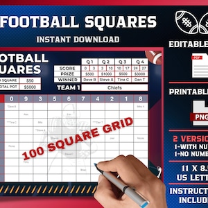 Football Squares, 100 Squares, Editable PDF Template, Printable PNG, Football Boxes, Super Squares, 10x10 squares, Football Pool Template