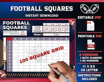 Cuadrados de fútbol, 100 cuadrados, plantilla PDF editable, PNG imprimible, supercuadrados, cuadrados de 10 x 10, plantilla de billar de fútbol