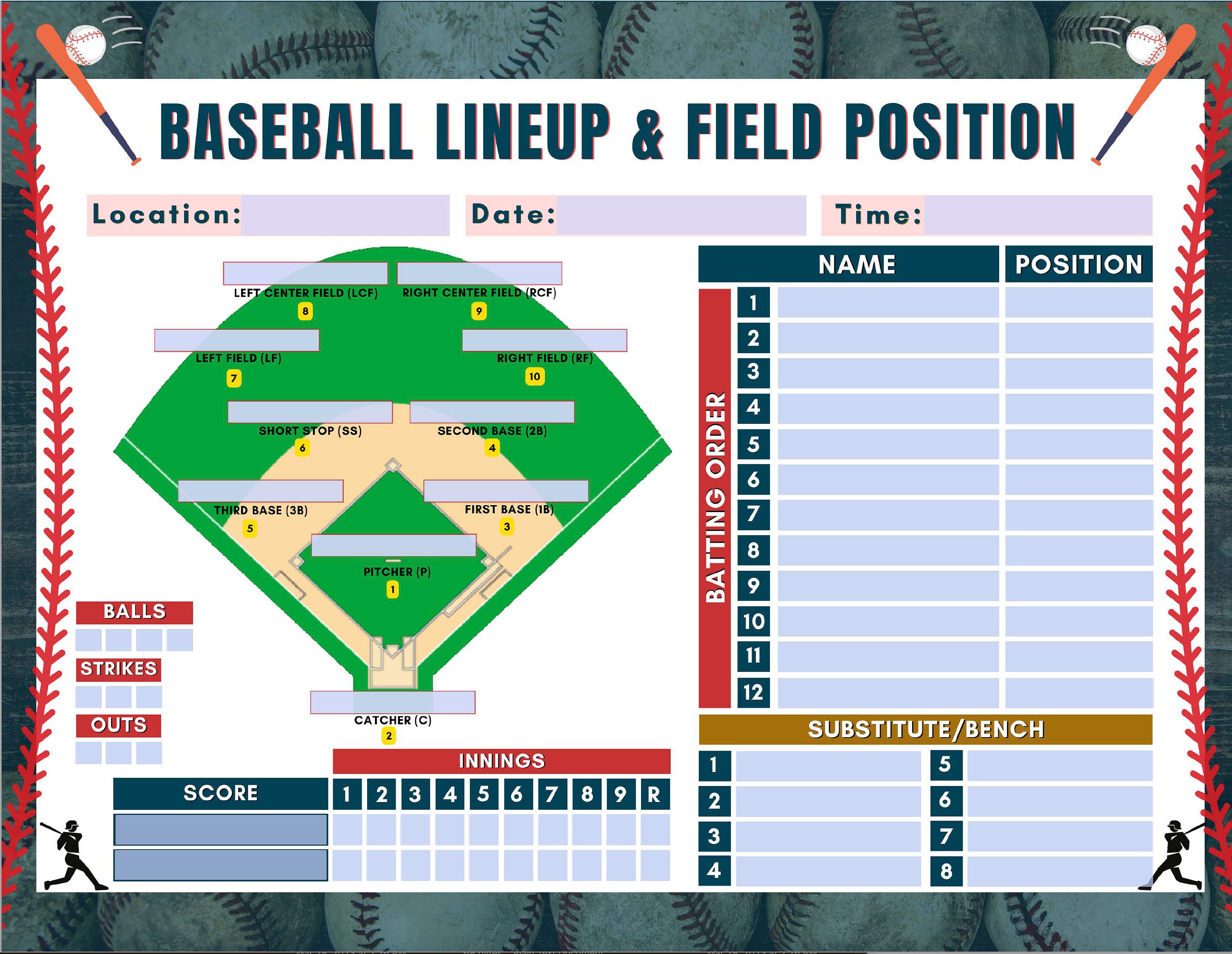 Baseball Lineup and Field Position, Baseball Batting Order, Editable Lineup, Coaching Print