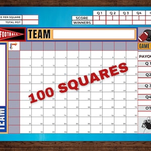 Football Squares, 100 Squares Football Pool Template, Football Boxes, Gameday, Football Squares Printable, 2024 Football Game, The Big Game
