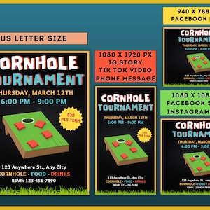 Personalized Cornhole Tournament Flyer - 4 Sizes, Social Media - Mobile Friendly, Great for Outdoor Parties & Yard Games, Tournament Invite
