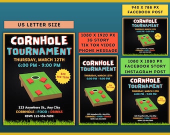 Folleto personalizado para torneo de Cornhole (4 tamaños), compatible con redes sociales y dispositivos móviles, ideal para fiestas al aire libre y juegos de jardín, invitación para torneo.