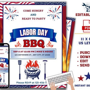 Labor Day Invitation, Editable Labor Day Invite, Instant Download, Labor Day Party Invite, Digital Download, PDF Template, BBQ Party Invite