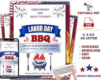 Labor Day Invitation, Editable Labor Day Invite, Instant Download, Labor Day Party Invite, Digital Download, PDF Template, BBQ Party Invite