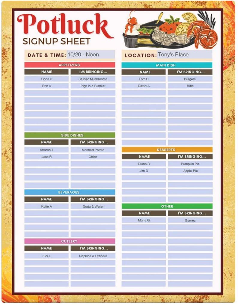 Editable Potluck Sign up Sheet, Potluck Google Sheets , Google Slides