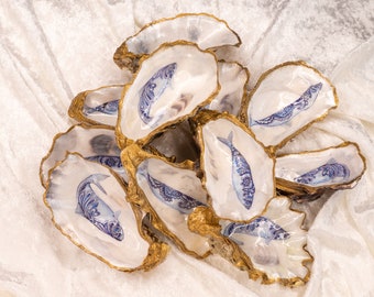 Delft Blue Fish Oyster, Handcrafted Decoupage Oyster, Upcycled Oyster, Oyster Art