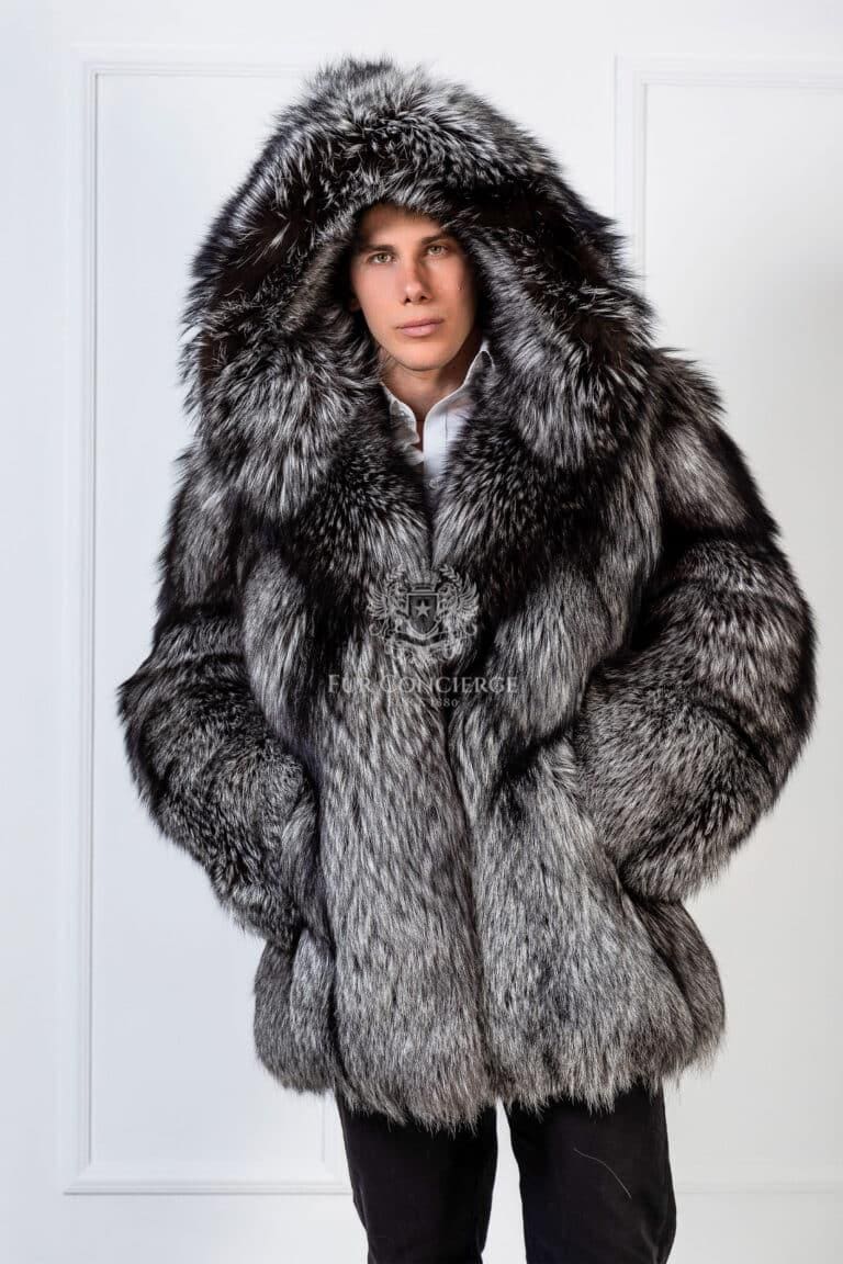 メンズ高級シルバーフォックスファージャケット（大きなフード付き