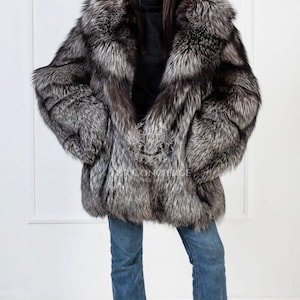 Luxury Silver Fox Fur Jacket With Big Hood,real fur jacket,silver fox jacket